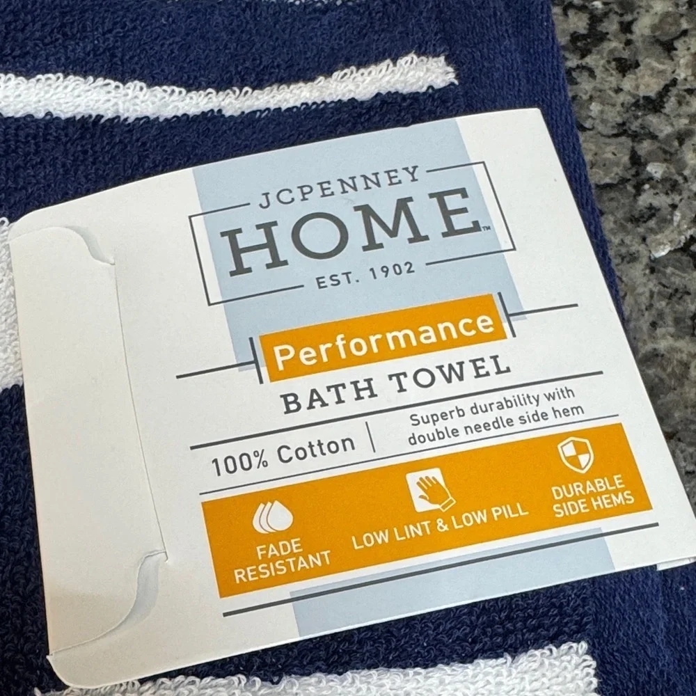 JCPenney Home Navy and White striped Performance Bath Towel set NWT